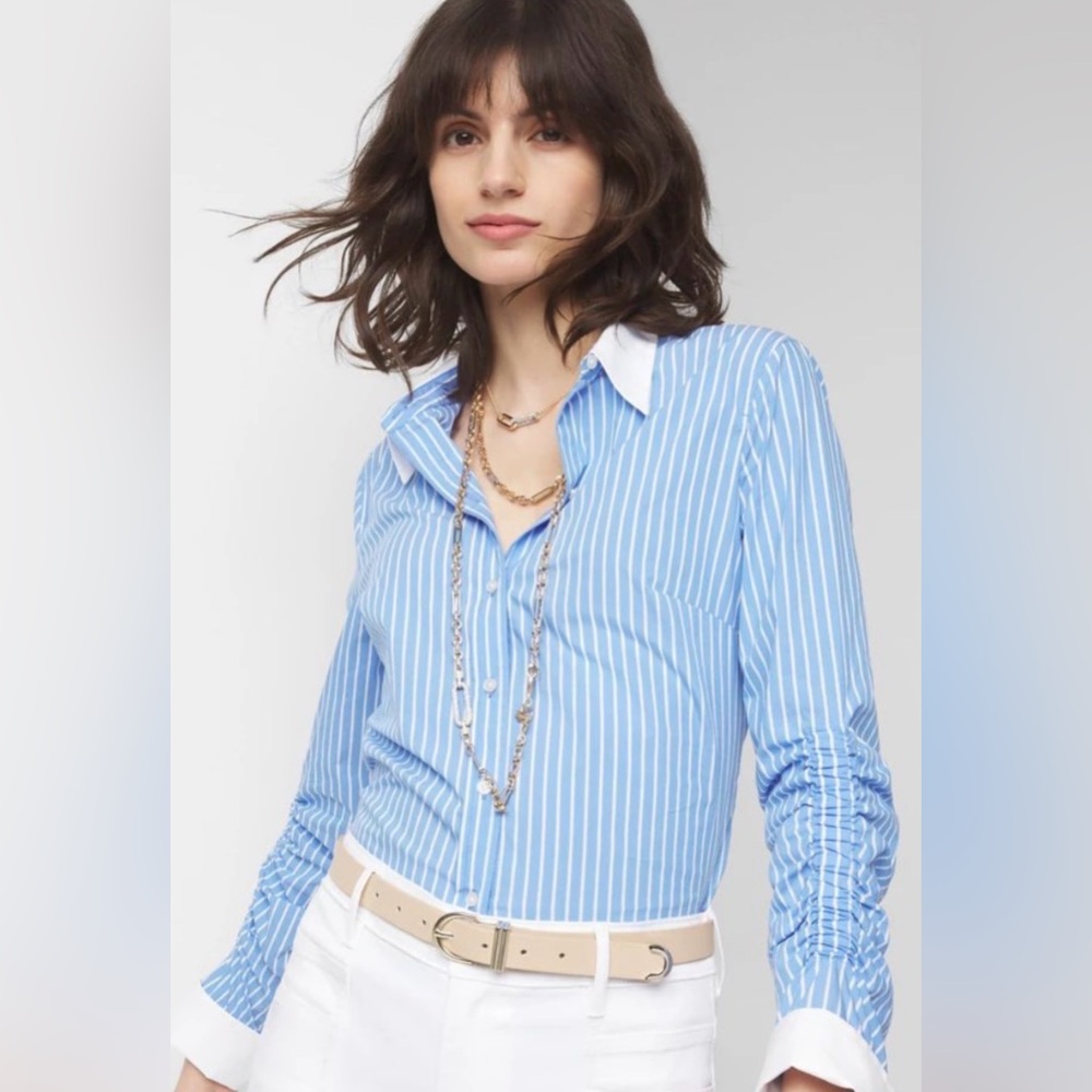 White House Black Market Blue Stripe Poplin Shirt NWT Size 4